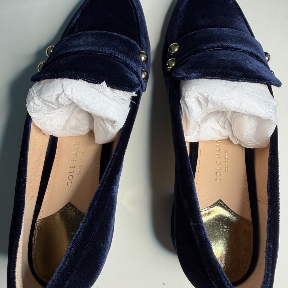 Cole Haan Navy Velvet Loafers with Gold Heel - Picture 2 of 3